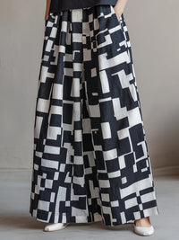 High-Neck Top & Abstract Print Wide-Leg Skirt Set