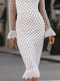 Elegant Polka Dot Mesh Contrast Lace Midi Dress