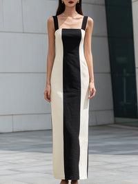 Contrast Panel Square-Neck Column Maxi Dress