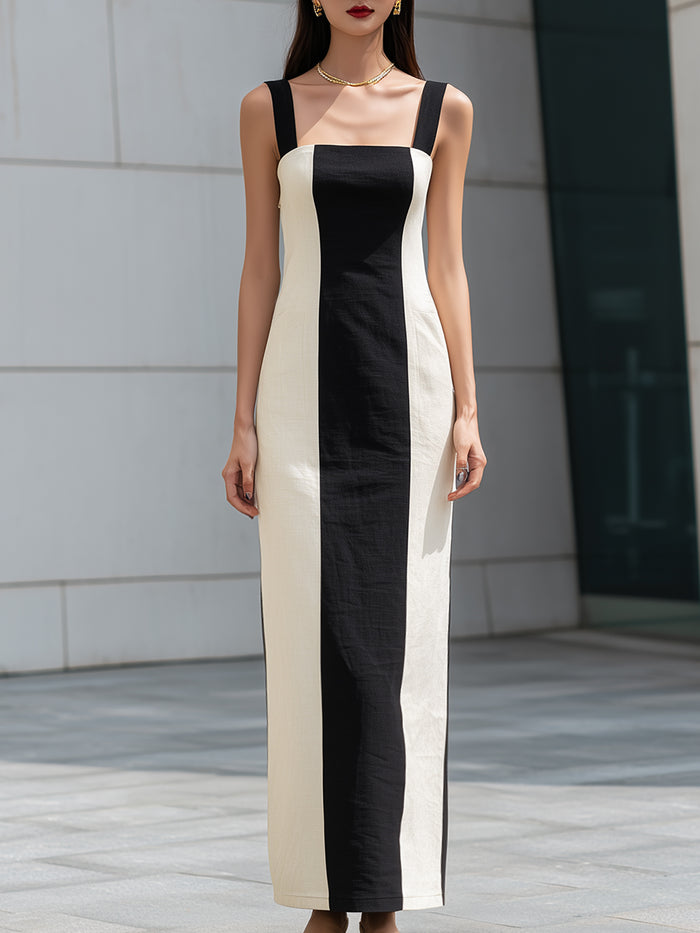 Contrast Panel Square-Neck Column Maxi Dress