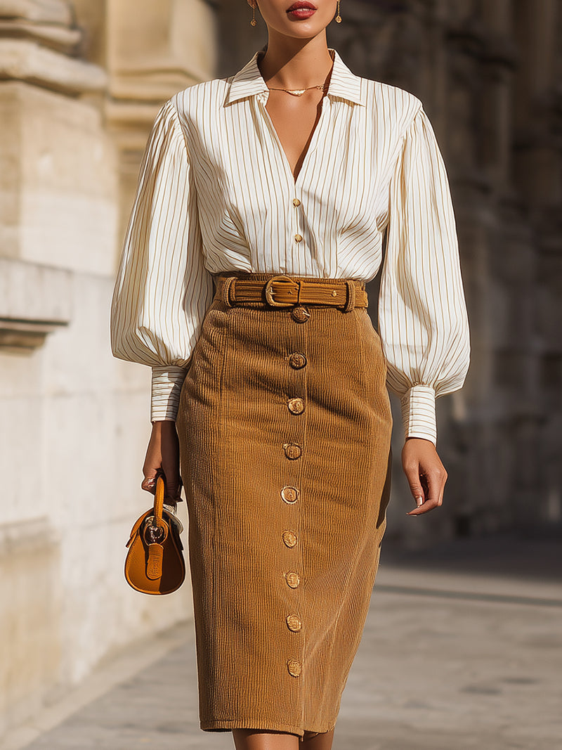 Striped Blouse & Corduroy Pencil Skirt Set