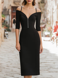 Off-Shoulder Zip-Front Tailored Midi Dress