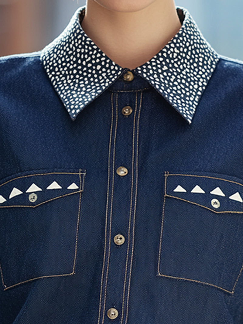 Color-blocked Rhinestone Collar Denim Shirt