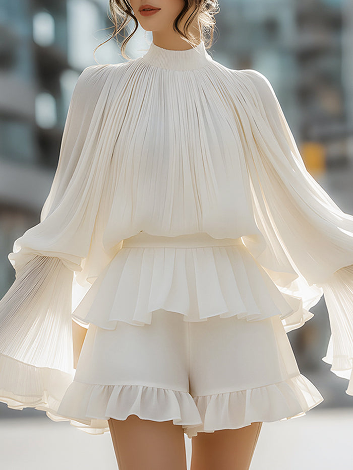 Pleated Lantern-Sleeve Ruffle Hem Two-Piece Set