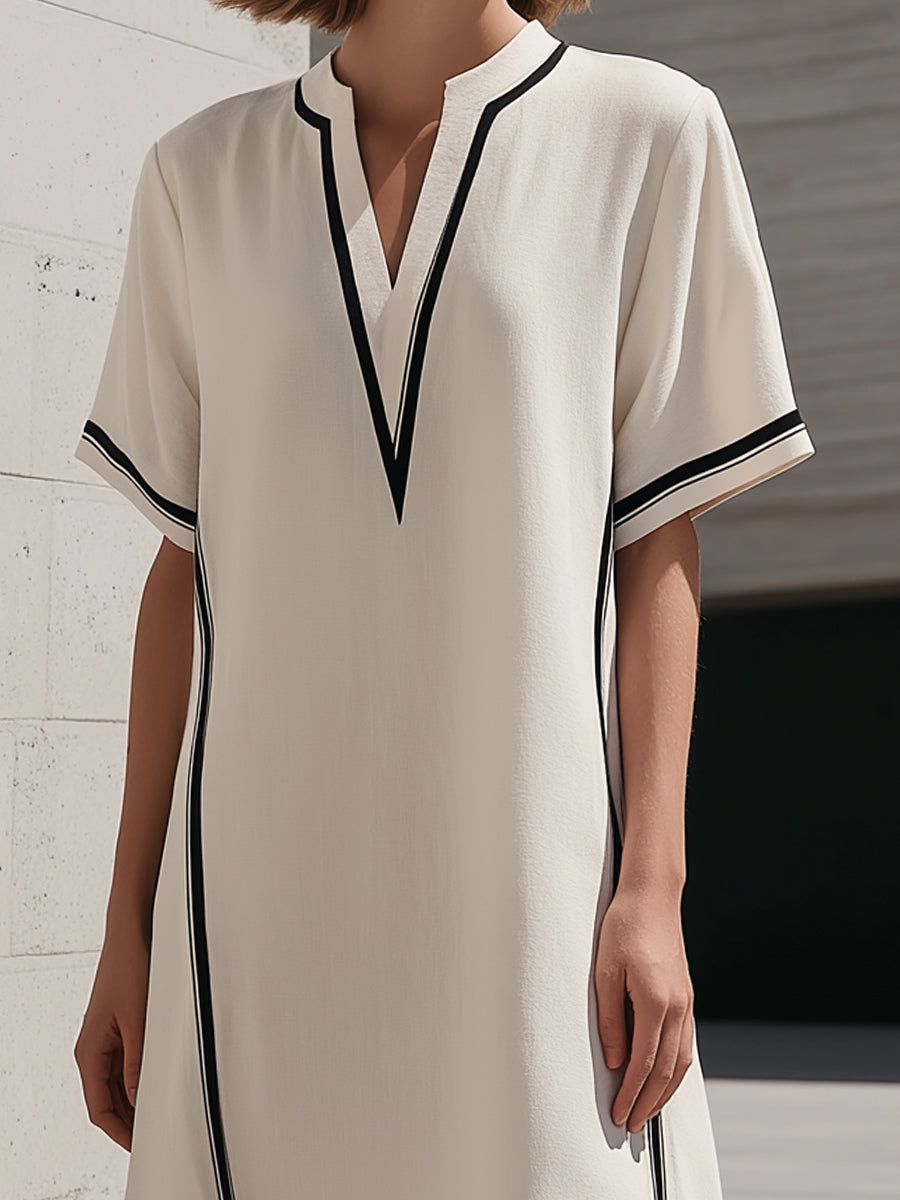 Piped Split V-Neck Band-Collar Midi Shift Dress