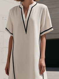 Piped Split V-Neck Band-Collar Midi Shift Dress