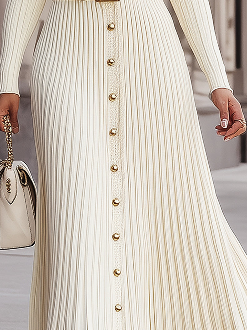 Ivory Pleated Knit Midi Dress With Faux Fur Collar