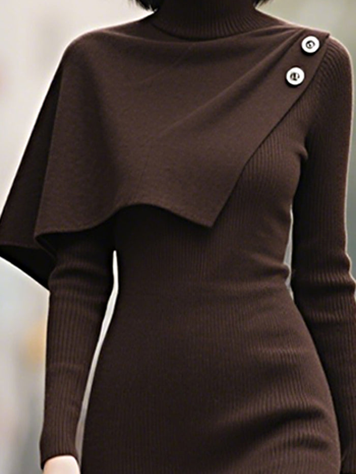 Chocolate Brown Ribbed Knit Maxi Dress With Asymmetrical Cape Detail