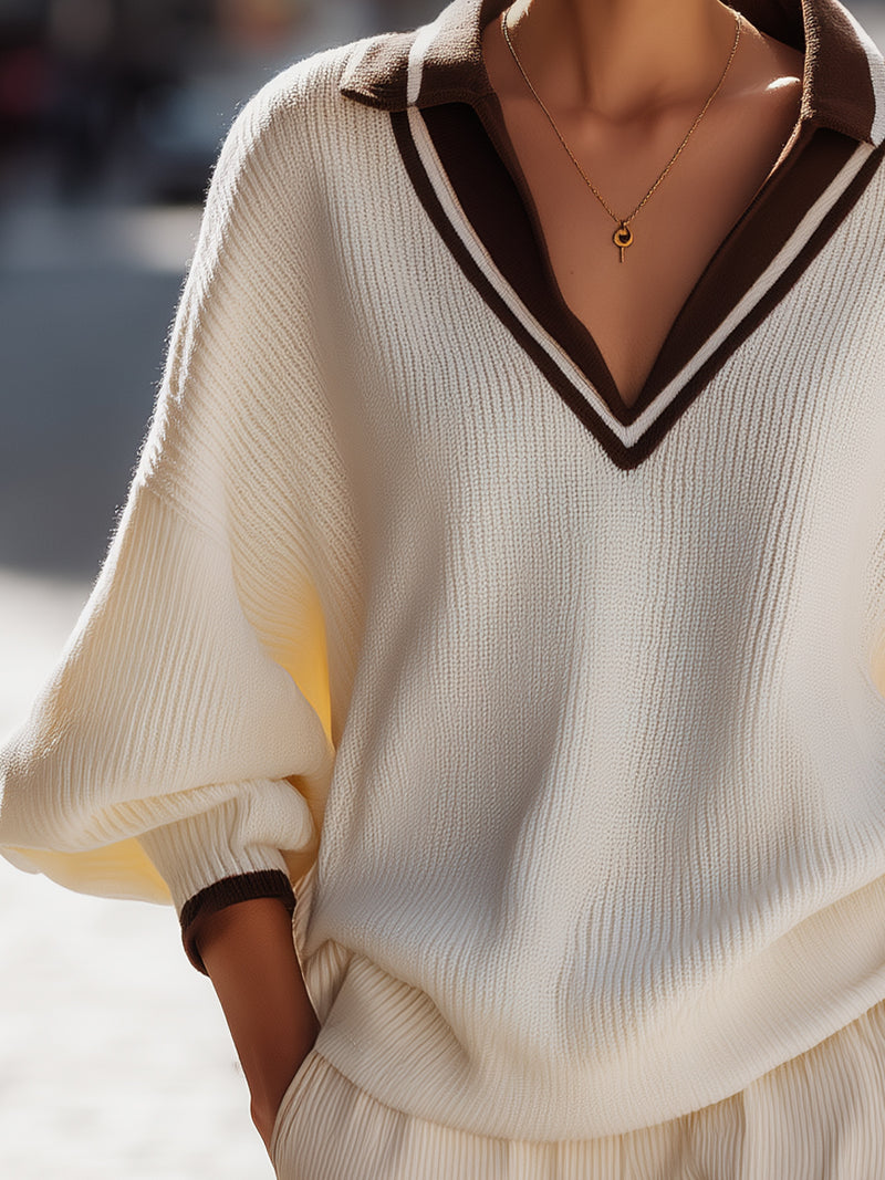 Contrast Collar Oversized Knit Pullover In Ivory