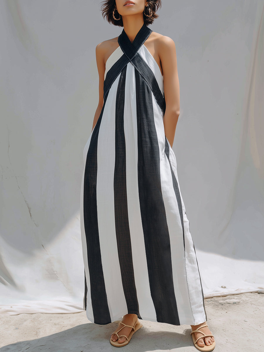Cross-Halter Striped Maxi Dress