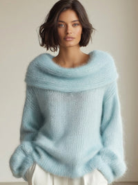 Off-Shoulder Plush Knit Sweater With Folded Collar