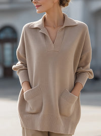 Camel Knit Polo Sweater With Front Pockets