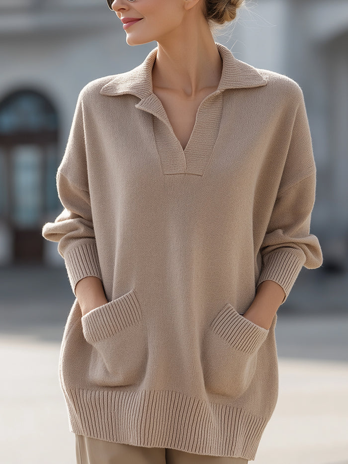 Camel Knit Polo Sweater With Front Pockets