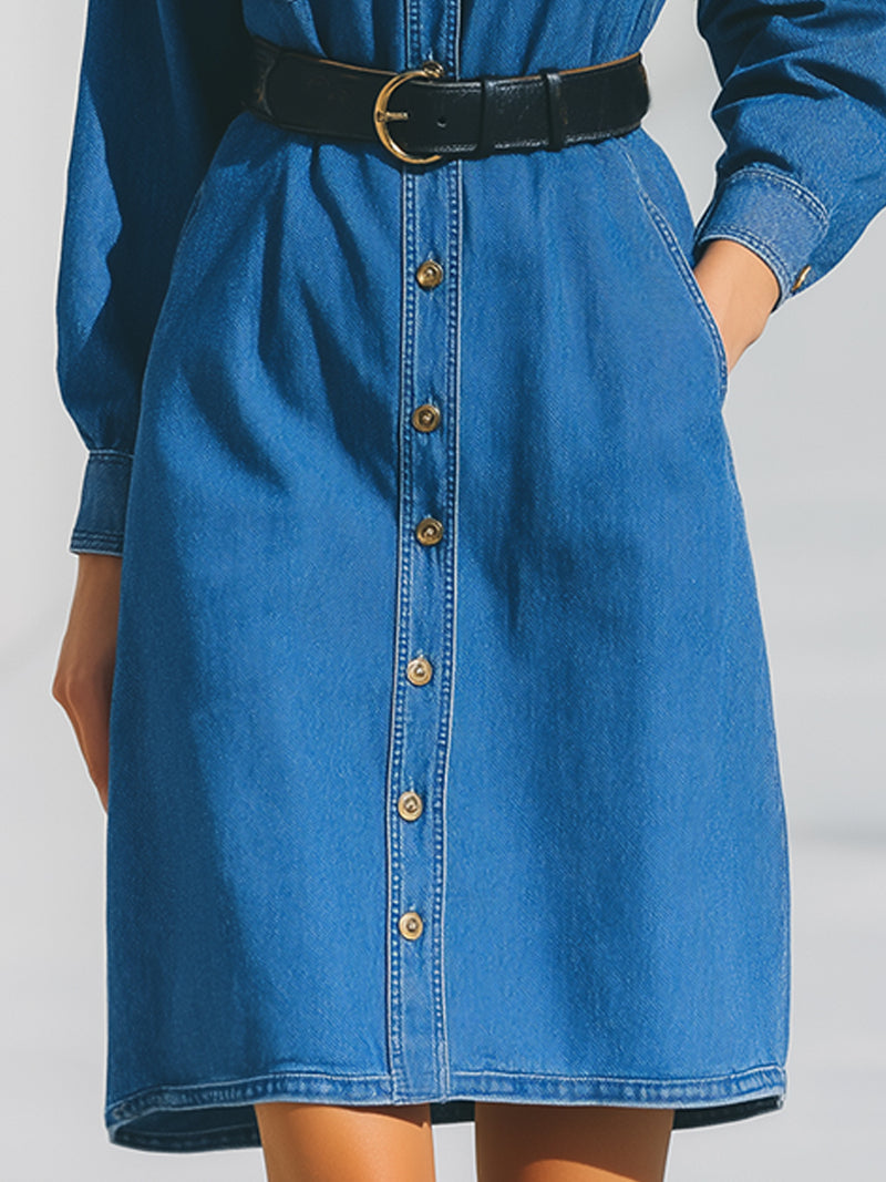 Denim Shirt Dress With Belted Waist In Classic Blue