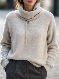 Cozy Gray Cowl Neck Sweater With Drawstring Detail