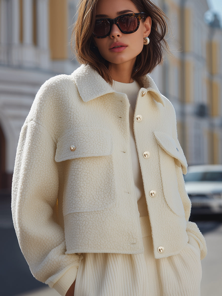 Cream Textured Cropped Jacket