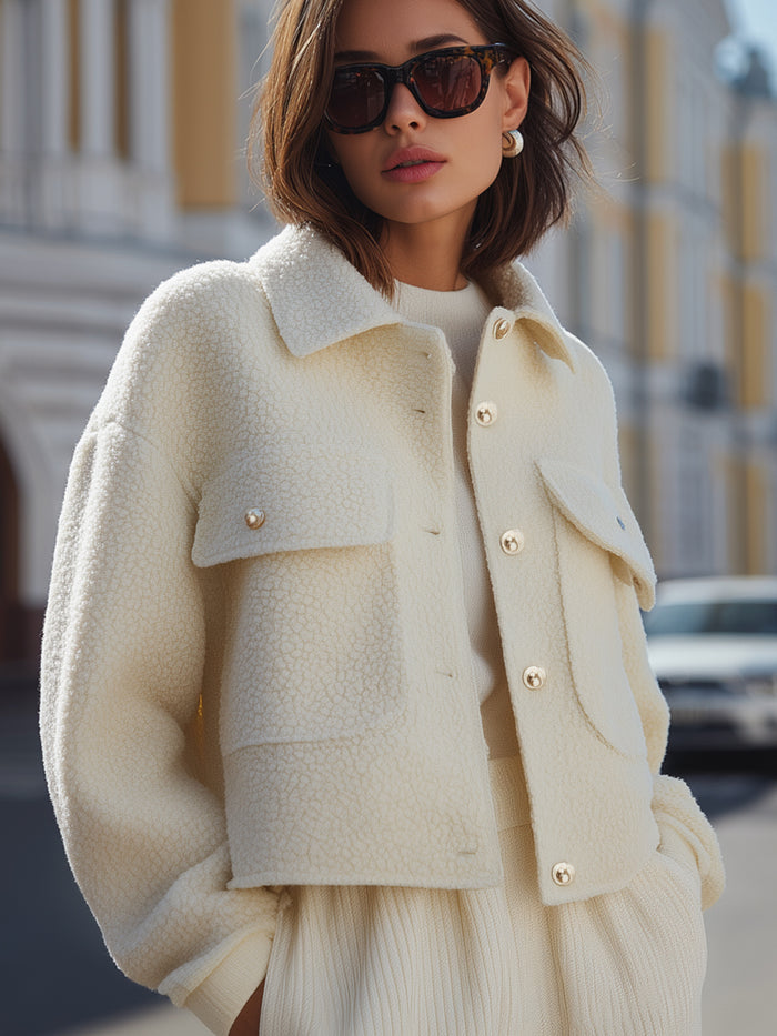 Cream Textured Cropped Jacket