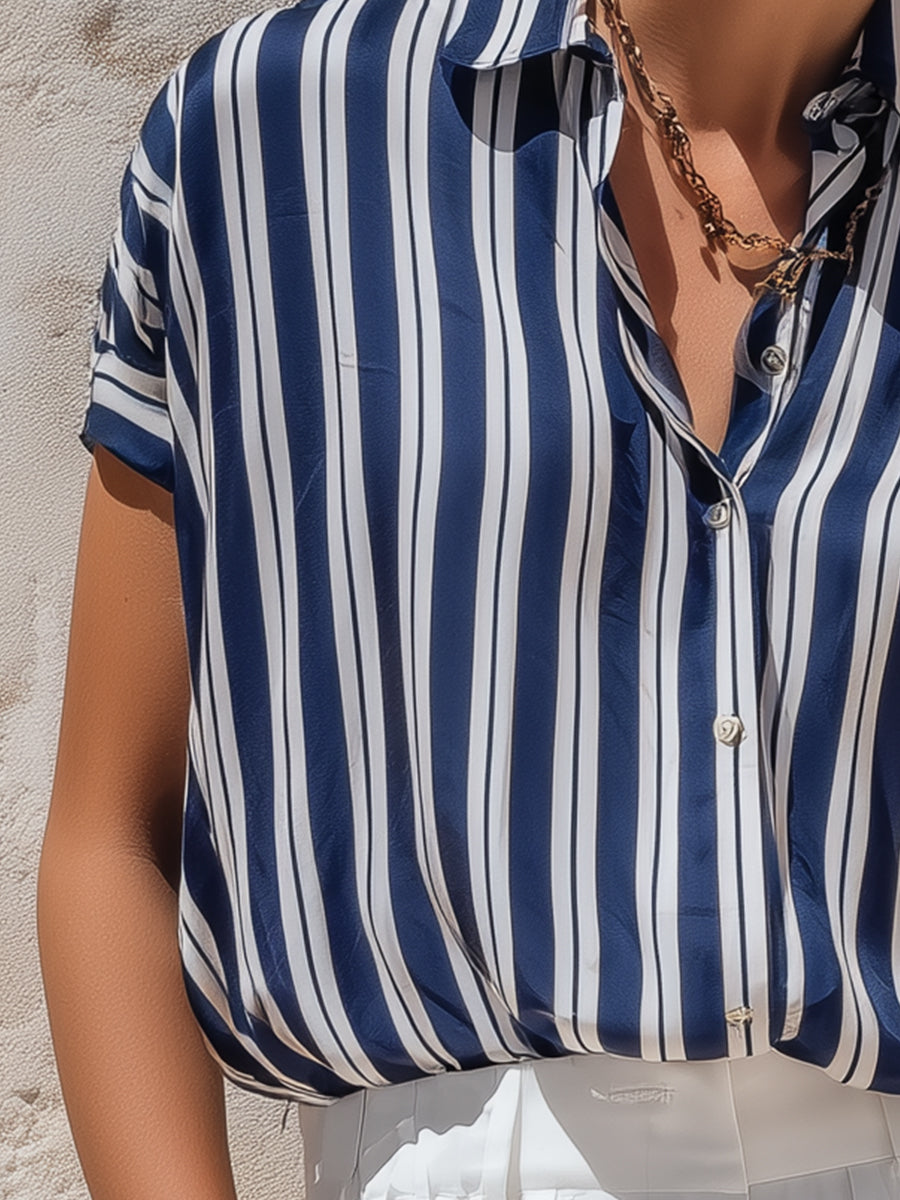 Relaxed Vertical Stripe Short Sleeve Shirt Blouse
