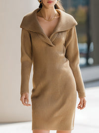 Camel Ribbed Knit Dress With Fold-Over Collar