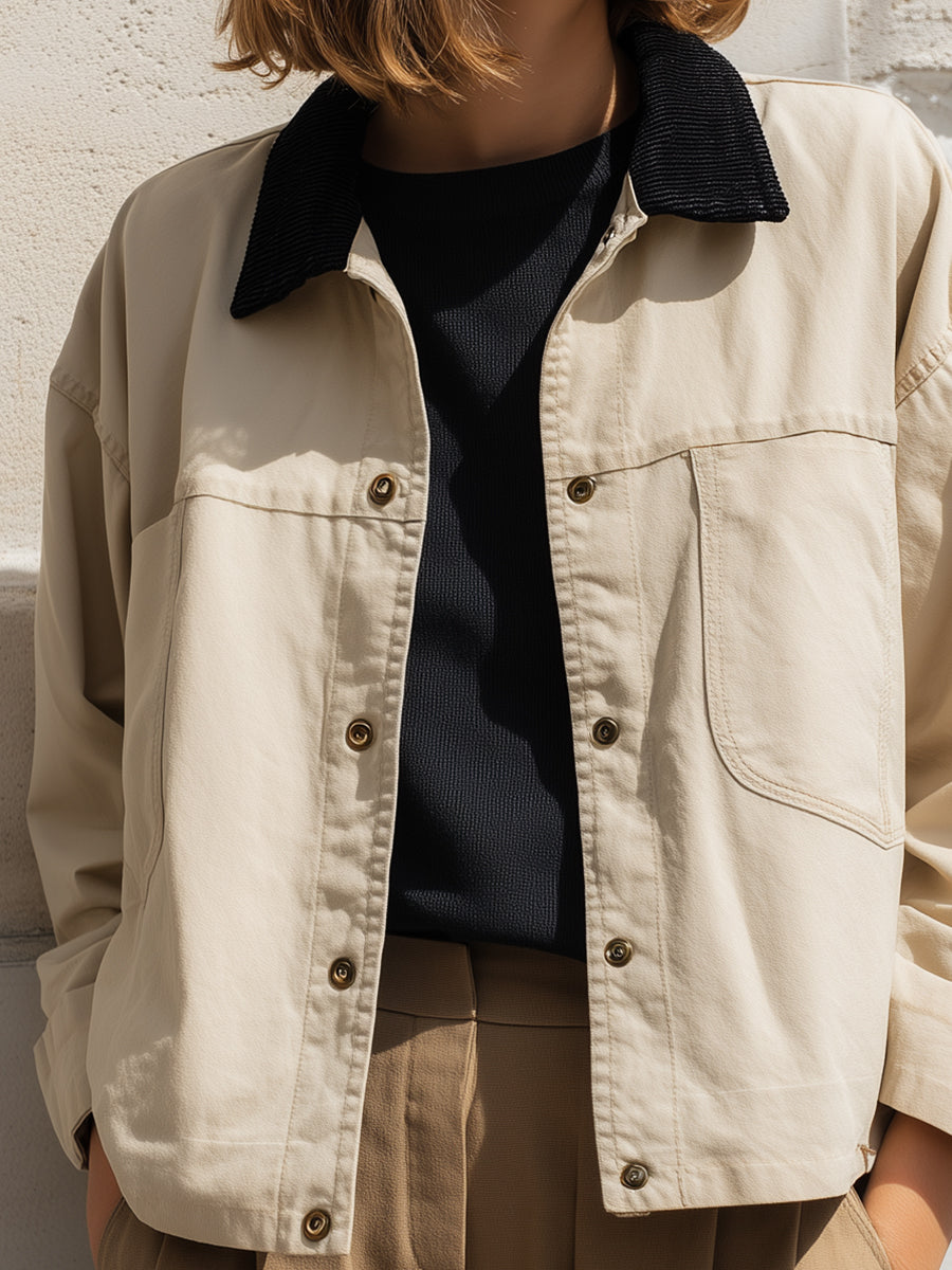 Beige Utility Jacket With Contrast Corduroy Collar