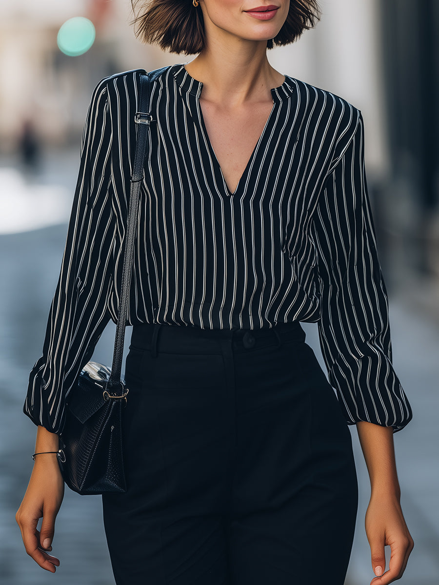 Vertical Stripe V-Neck Blouse