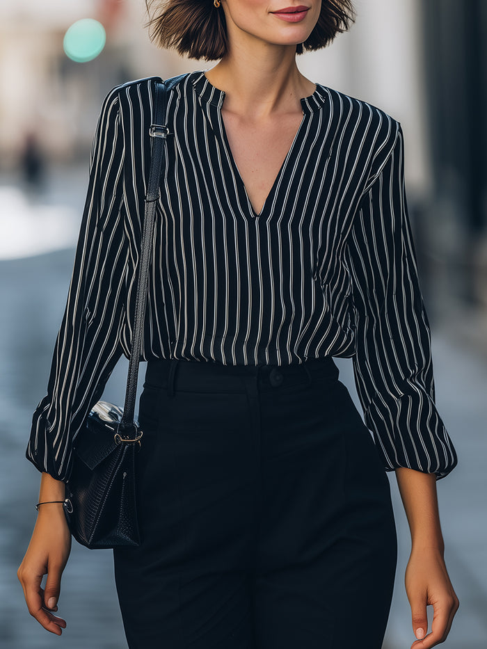 Vertical Stripe V-Neck Blouse