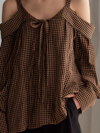 Gingham Cold-Shoulder Tie-Front Blouse With Adjustable Straps