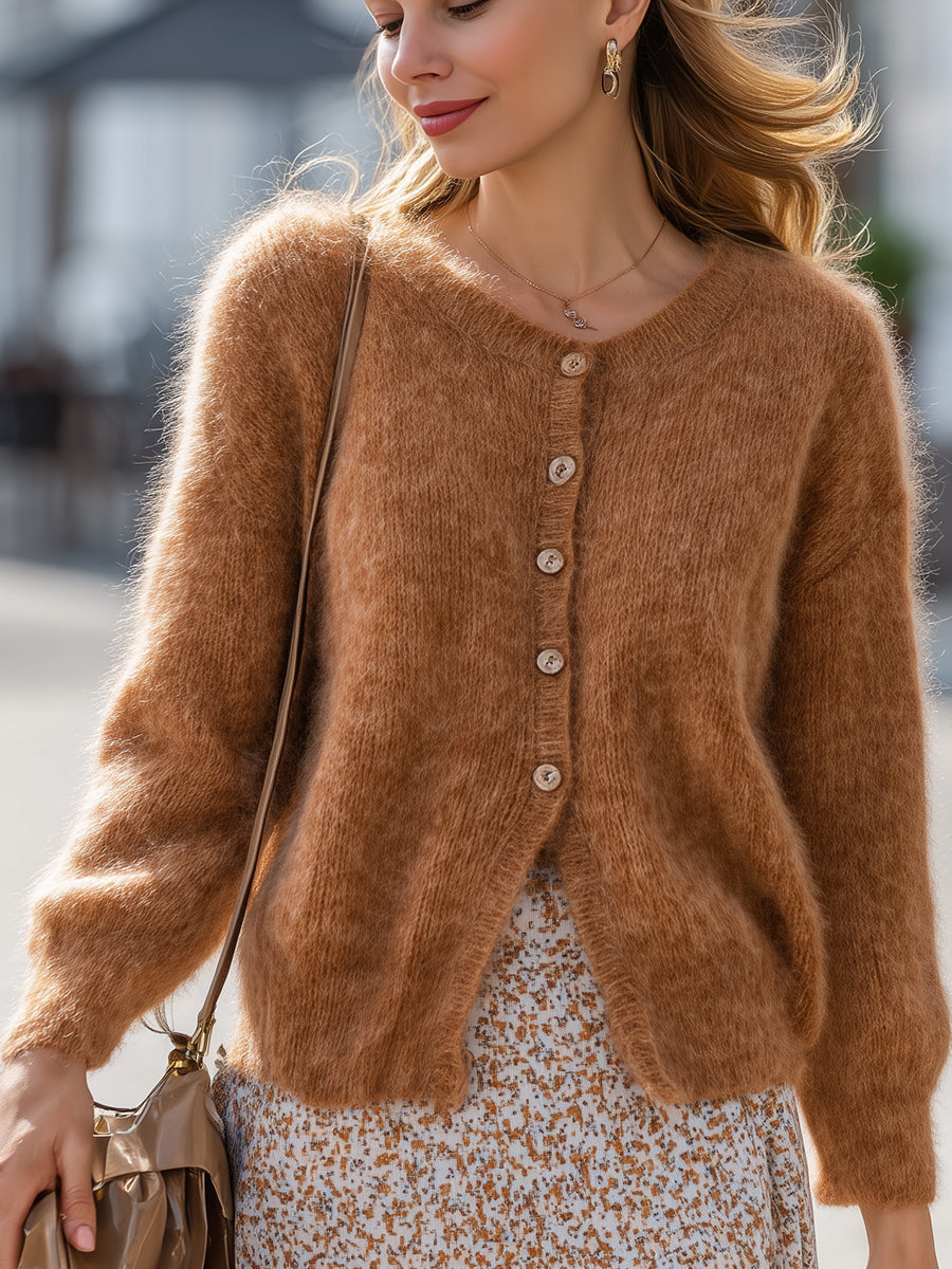 Caramel Fluffy Button-Up Knit Cardigan