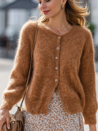 Caramel Fluffy Button-Up Knit Cardigan