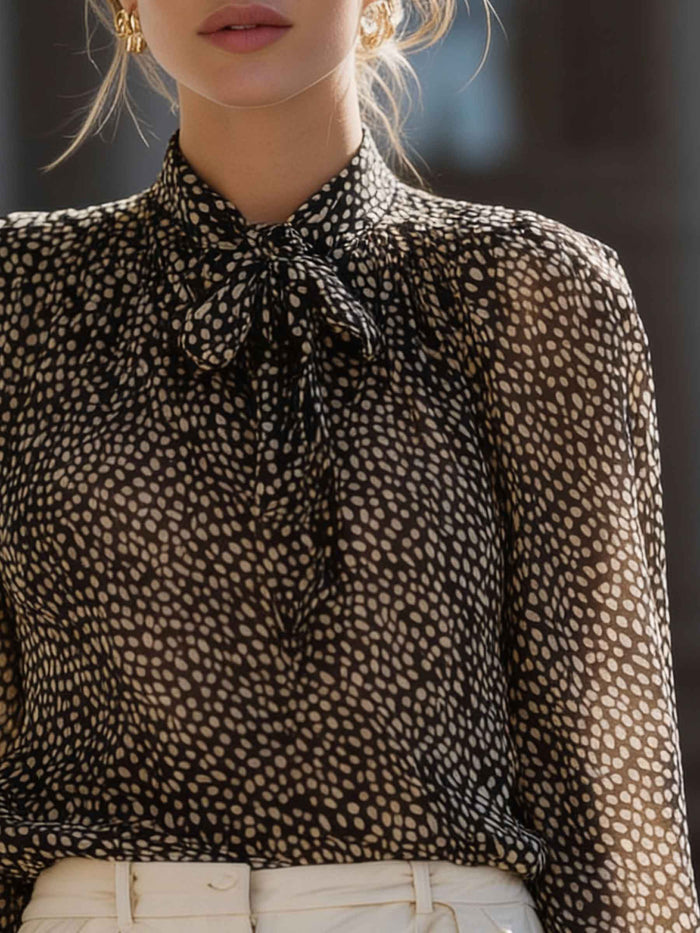 Polka Dot Tie-Neck Sheer Blouse