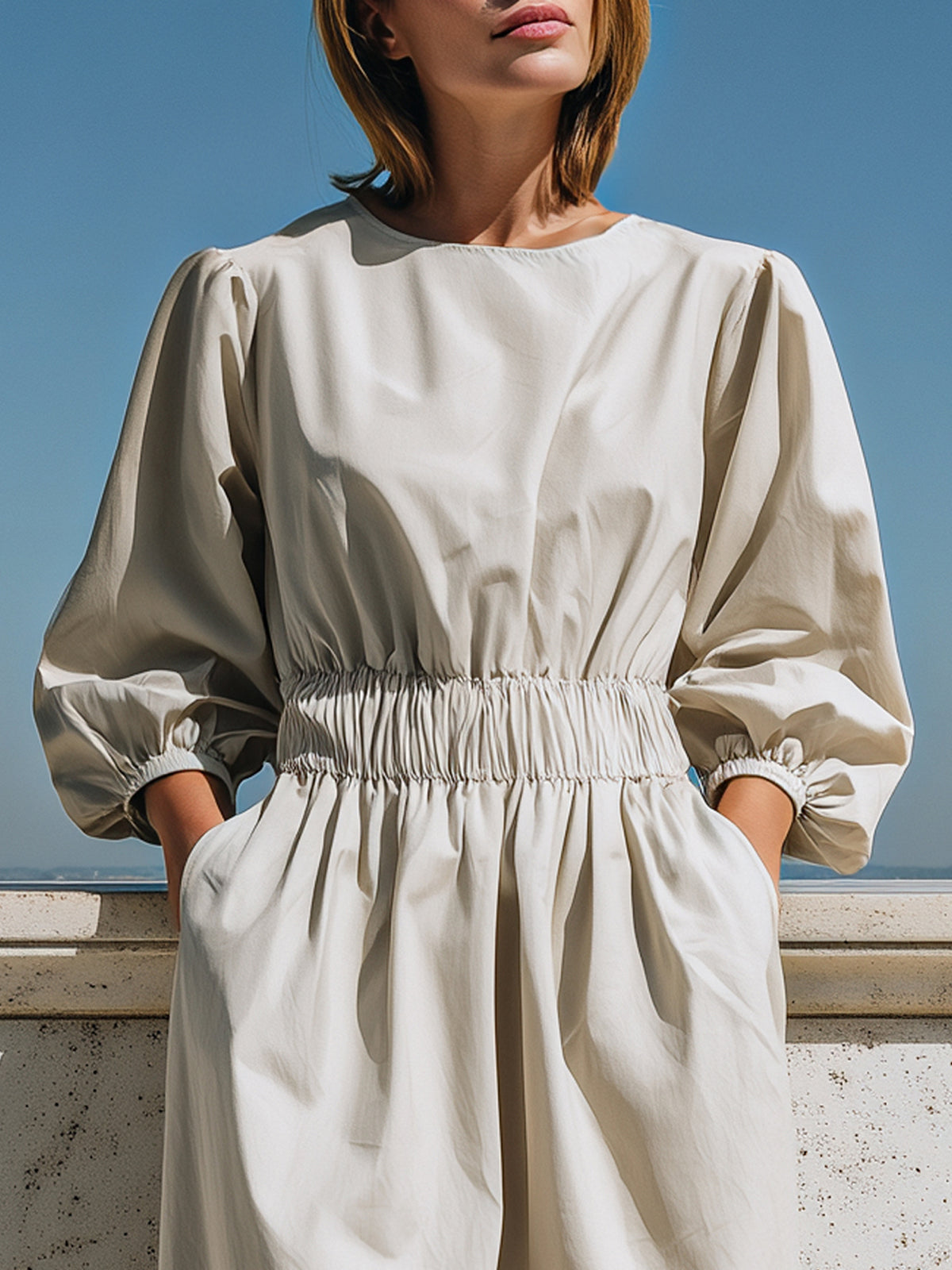 Smocked Waist Puff Sleeve Midi Dress