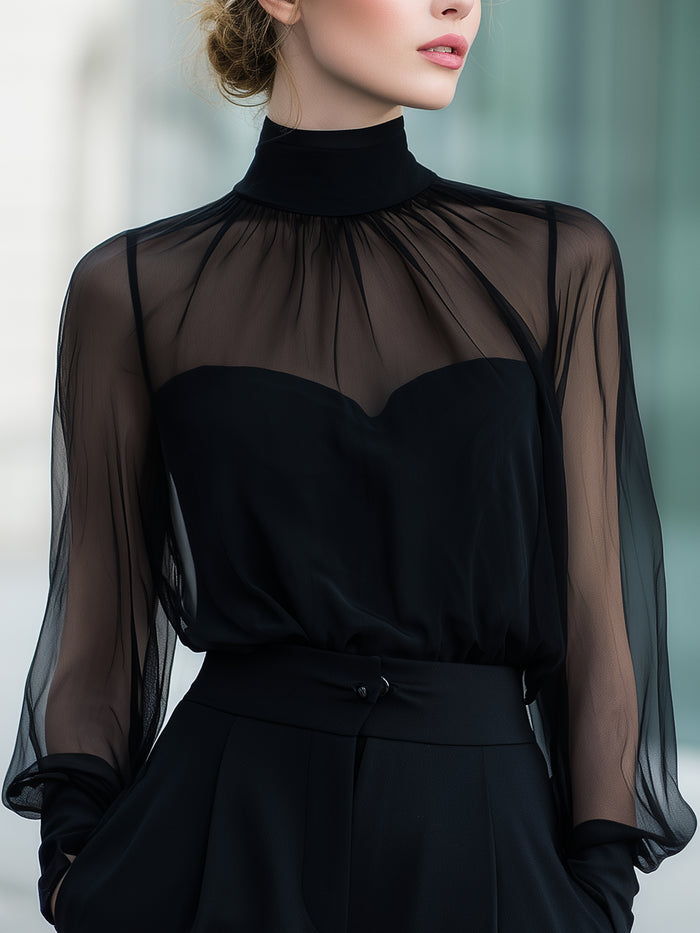 Sheer High-Neck Long Sleeve Elegant Top
