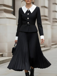 Black And White Pleated Midi Set With Statement Buttons