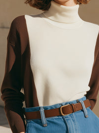 Two-Tone Ribbed Turtleneck Sweater