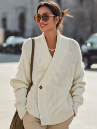 Ivory Ribbed Wrap Cardigan With Button Detail