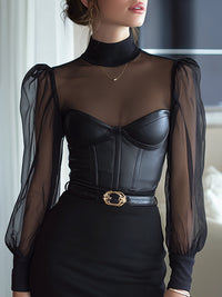 Sheer Mesh High-Neck Faux Leather Bustier Top