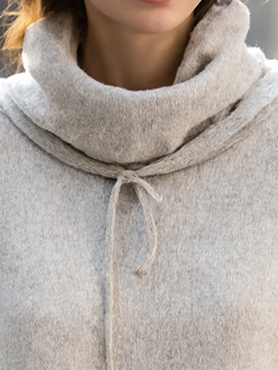 Cozy Gray Cowl Neck Sweater With Drawstring Detail