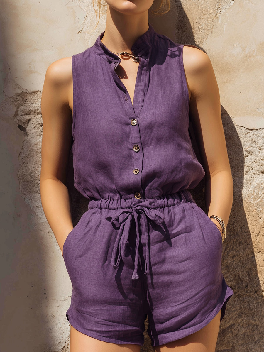 Relaxed Sleeveless Drawstring Waist Summer Romper