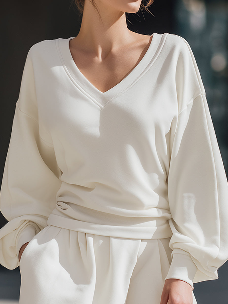 V-Neck Balloon Sleeve Two-Piece Set