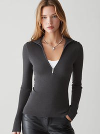 Half-Zip Ribbed Knit Long-Sleeve Top