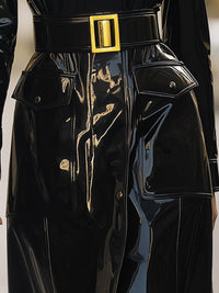 Black Patent Leather Belted Trench Coat