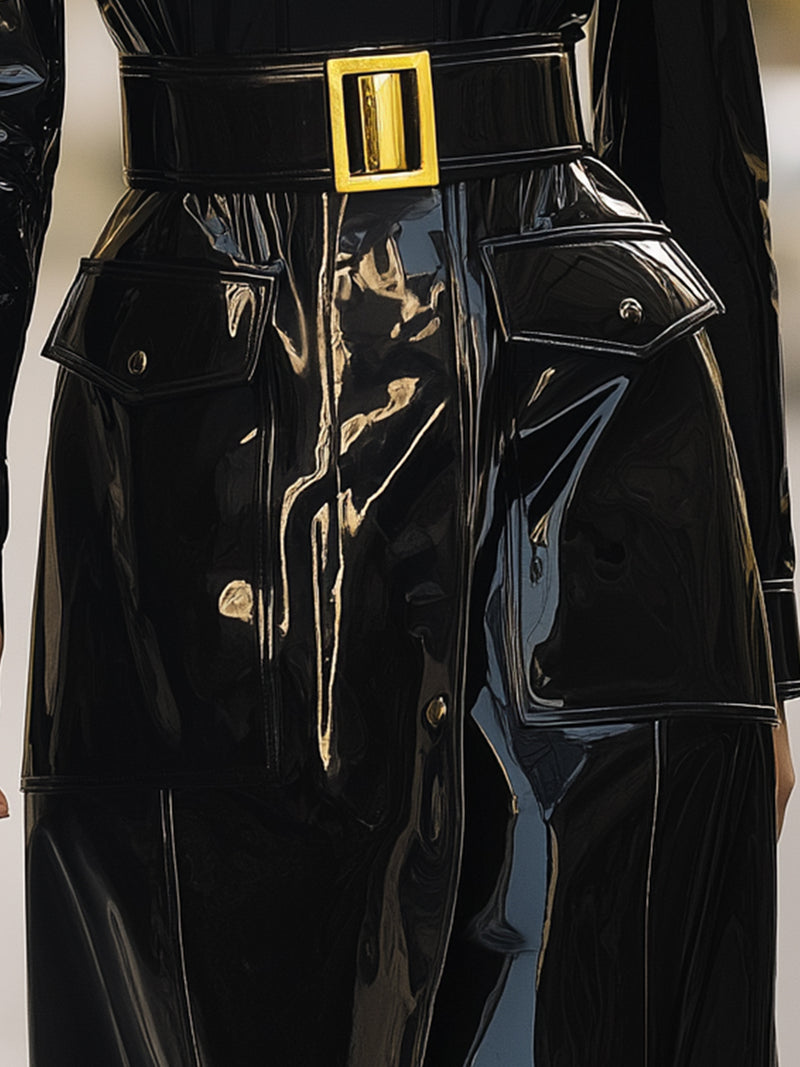 Black Patent Leather Belted Trench Coat