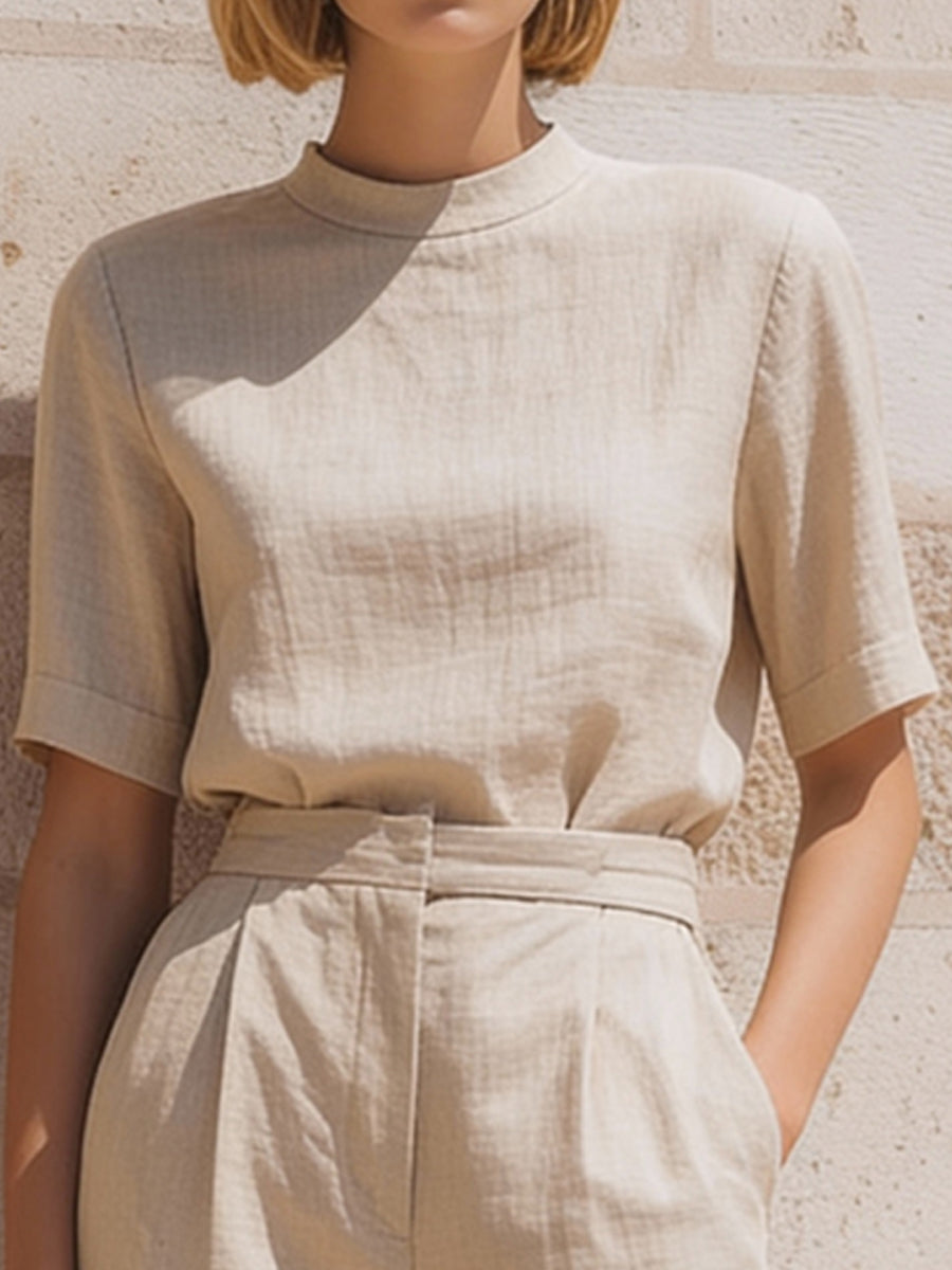 Linen-Blend Short-Sleeve Top & Tailored Ankle-Length Pants Set