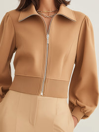 Camel Puff-Sleeve Zip-Up Jacket