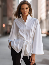 Elegant White Kimono-Sleeve Belted Blouse