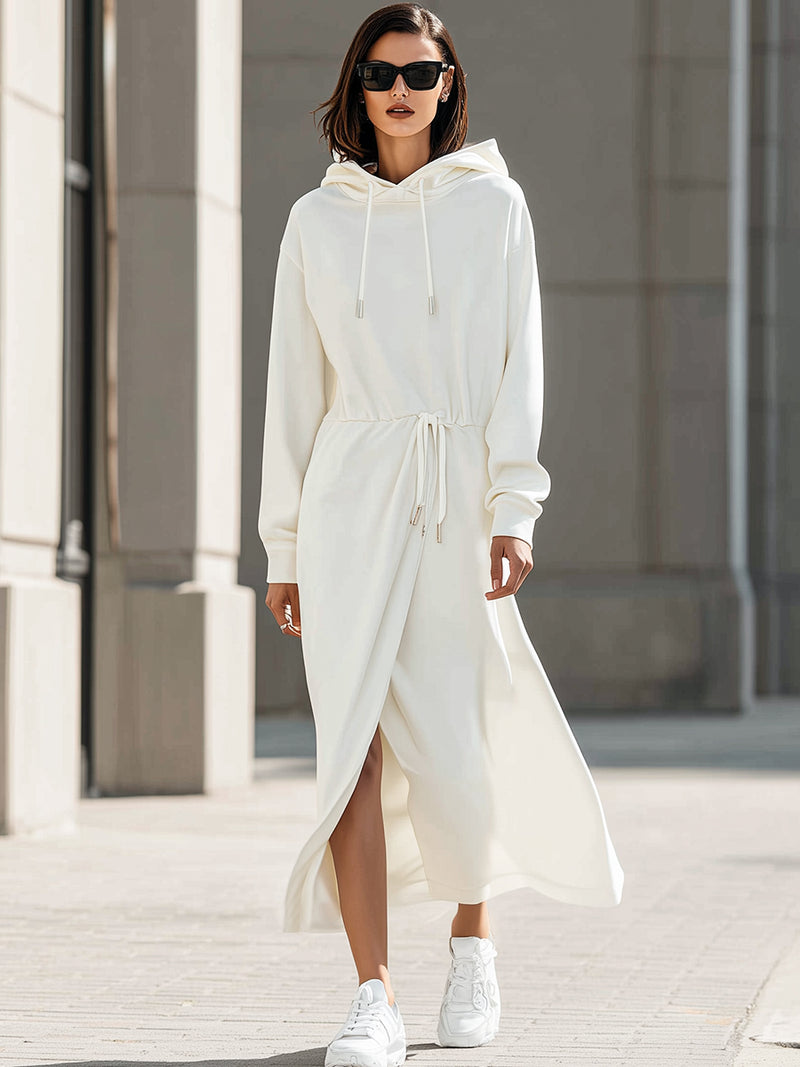 White Hooded Maxi Dress With Adjustable Drawstring Waist