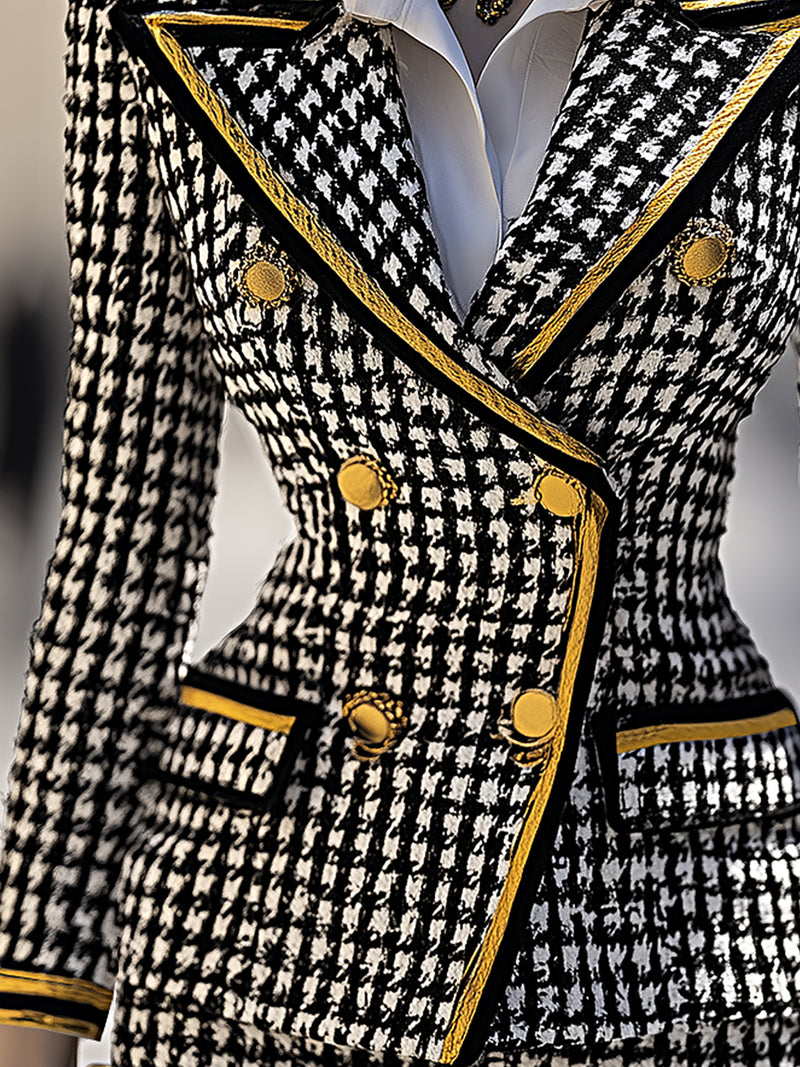 Old-Accent Houndstooth Double-Breasted Blazer