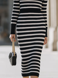 Black And White Striped Knit Turtleneck Midi Dress