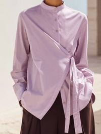 Lilac Asymmetric Wrap Shirt With Mandarin Collar