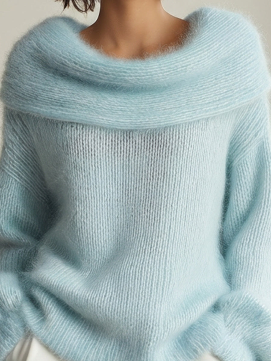 Off-Shoulder Plush Knit Sweater With Folded Collar